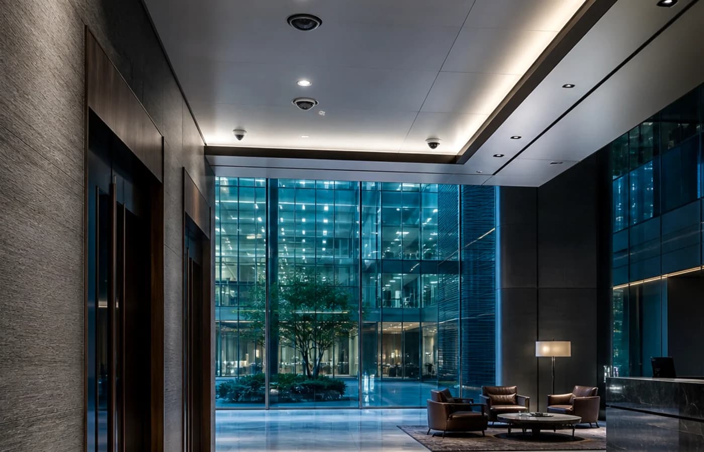 Smart building lobby with access control and ceiling sensors