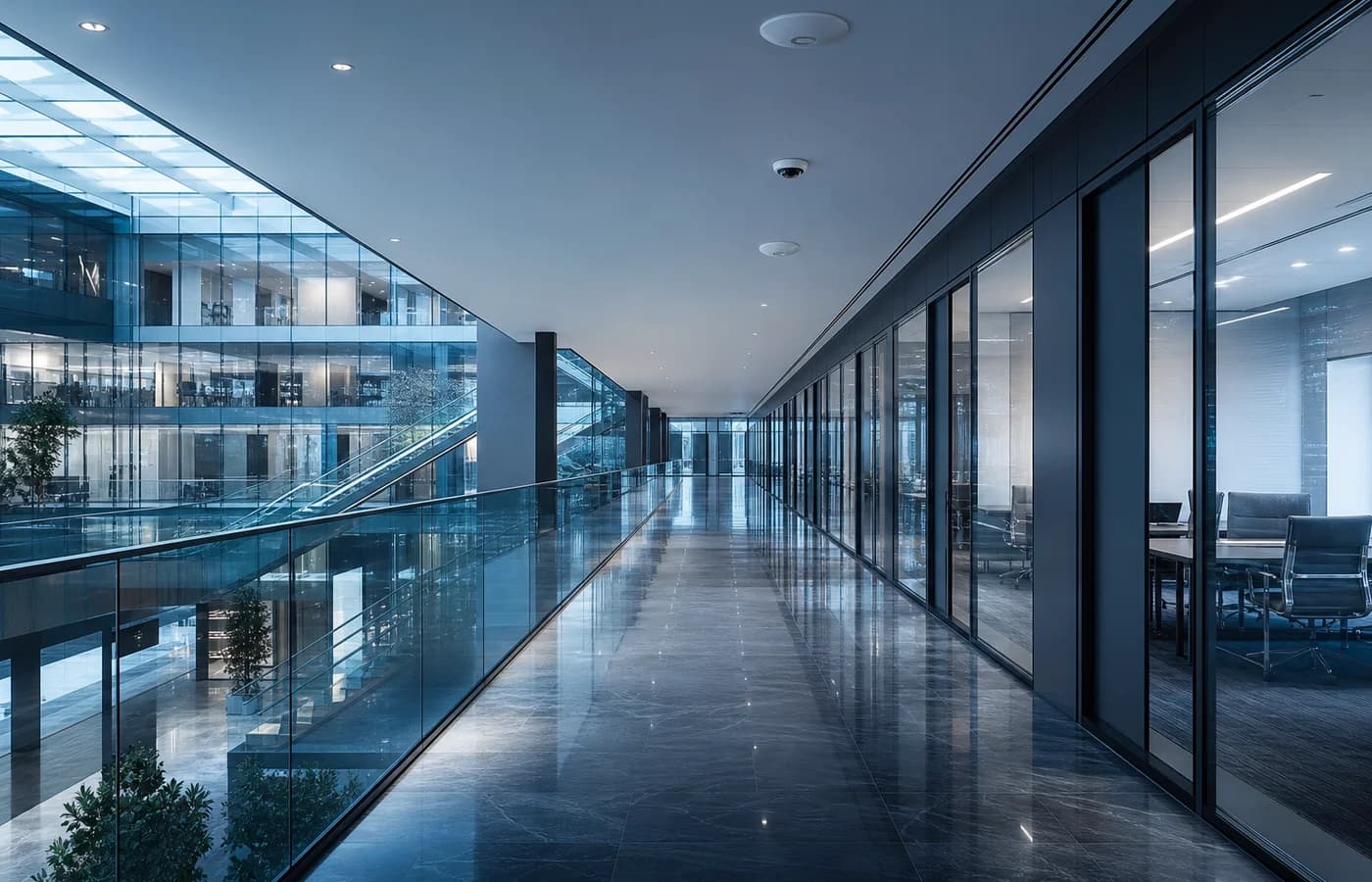 Multi-level smart building atrium and connected floorplates