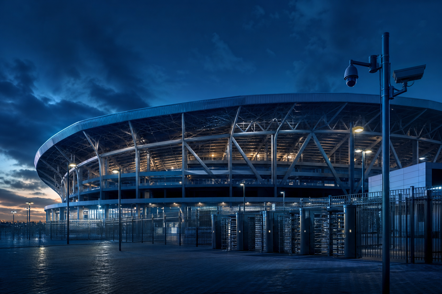 Stadium exterior with perimeter security and access