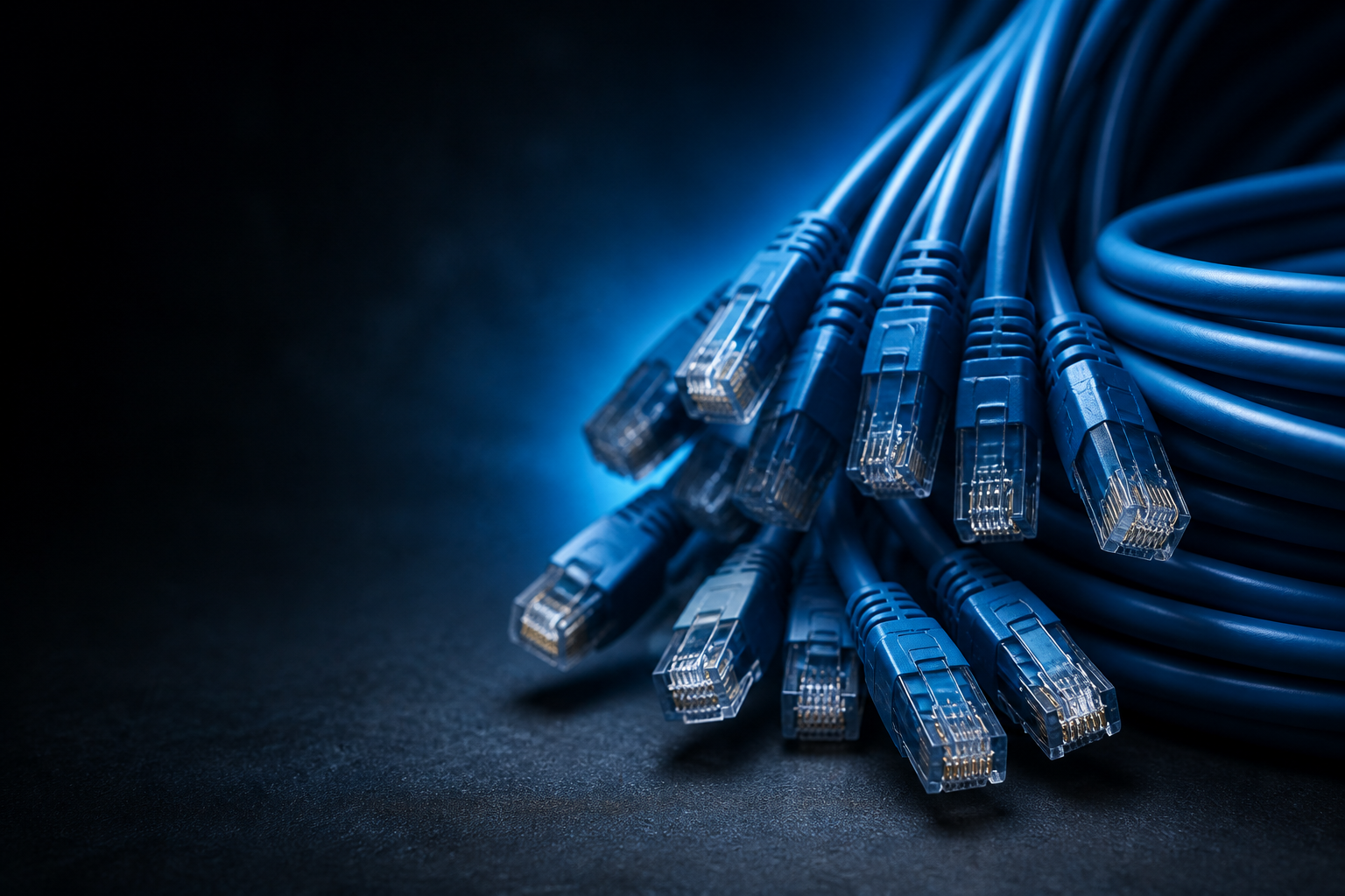 Hyperspan Connect™ blue factory-terminated patch leads in a dark studio scene