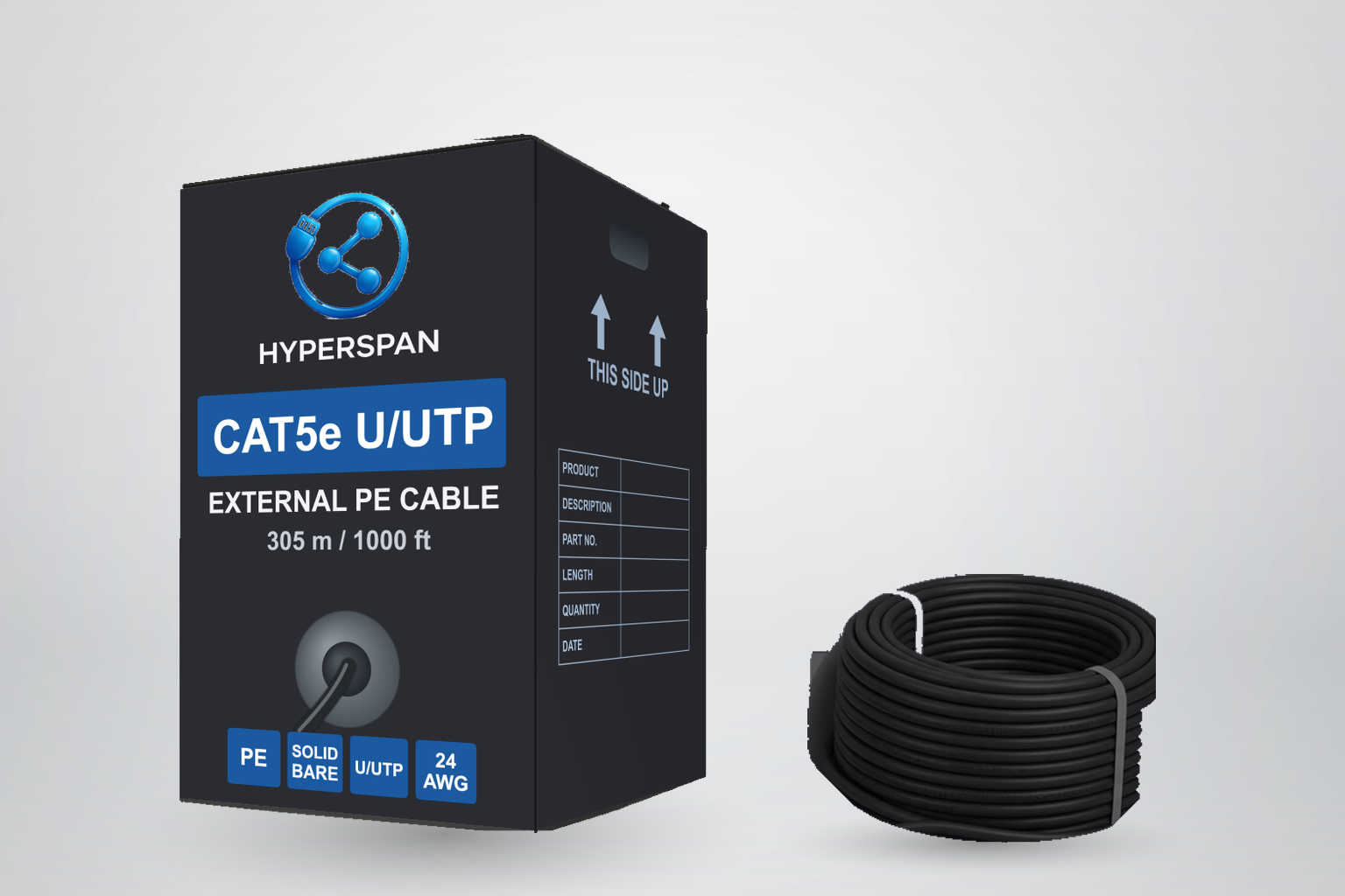 Cat5e external PE 305 m box and black cable coil