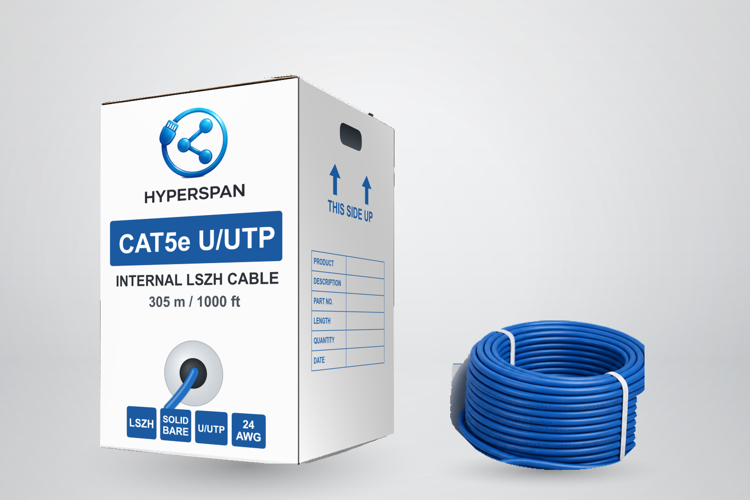 Cat5e internal LSZH box and blue cable coil