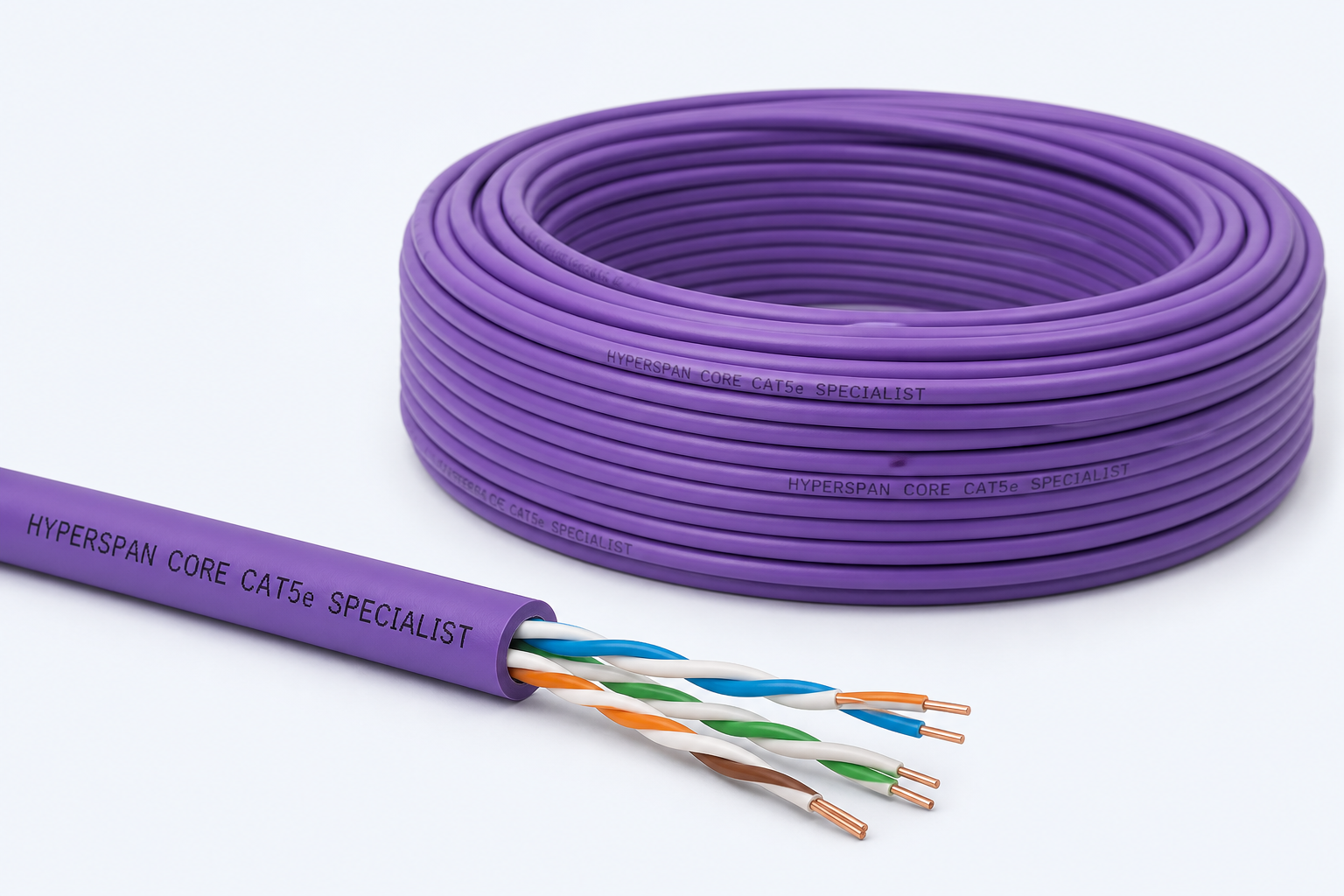 Cat5e specialist purple cable coil and cutaway