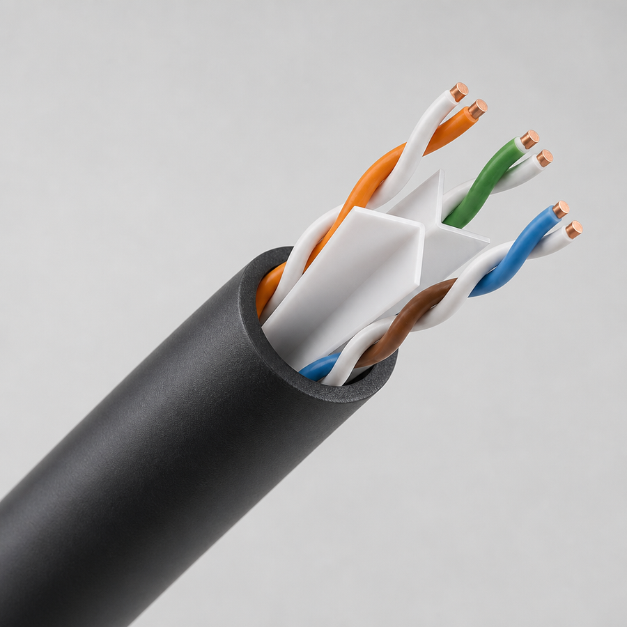 Black Cat6 outdoor cable cutaway with white cross spline