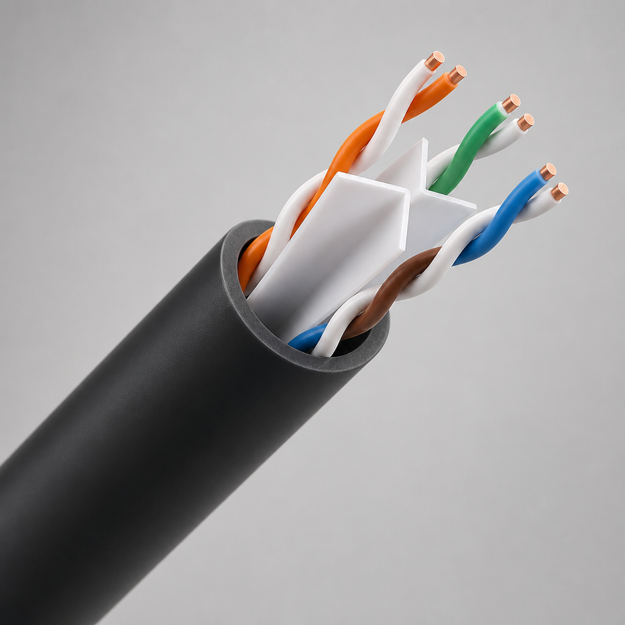 Hybrid Cat6 cable cutaway with white cross spline
