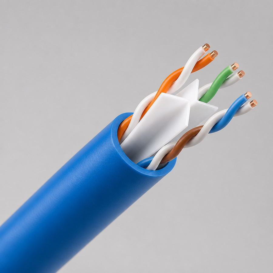 Blue Cat6 cable cutaway with white cross spline