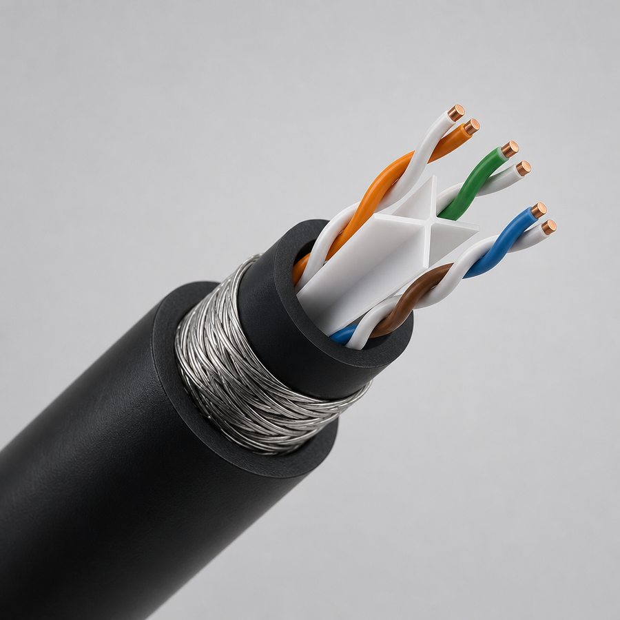 SWA armoured Cat6 cable cutaway with steel armour and spline