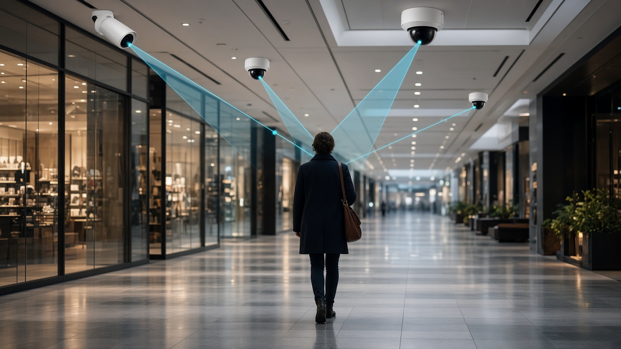 Mall cameras turning together to follow one person
