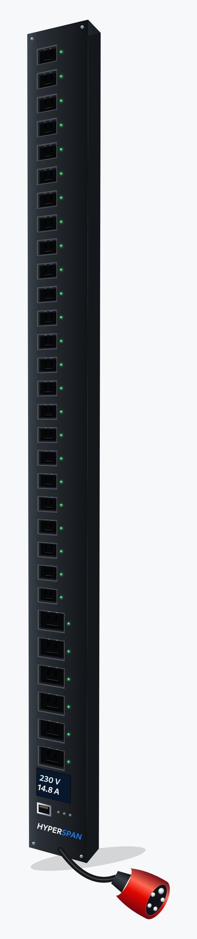 Power™ 3-phase vertical PDU, 24 × IEC C13 and 6 × IEC C19 sockets, IEC 60309 32 A five-pin red commando inlet 24 × C13 + 6 × C19