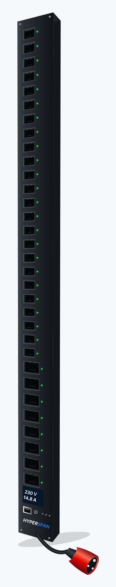 Power™ Control vertical PDU, 24 × IEC C13 and 8 × IEC C19 locking outlets, per-outlet metering and switching, bottom feed, IEC 60309 32 A red commando, 3 m cord 24 × C13 + 8 × C19