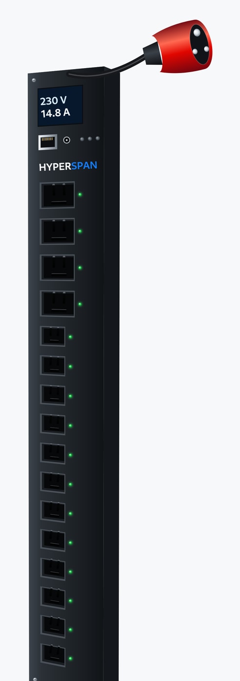 Power™ Control vertical PDU, 12 × IEC C13 and 4 × IEC C19 locking outlets, per-outlet metering and switching, top feed, IEC 60309 32 A red commando, 3 m cord 12 × C13 + 4 × C19
