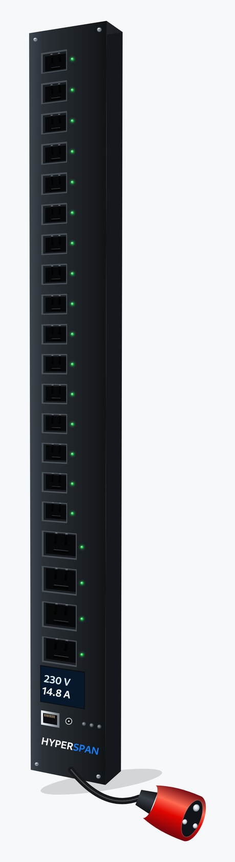 Power™ Control vertical PDU, 16 × IEC C13 and 4 × IEC C19 locking outlets, per-outlet metering and switching, bottom feed, IEC 60309 32 A red commando, 3 m cord 16 × C13 + 4 × C19