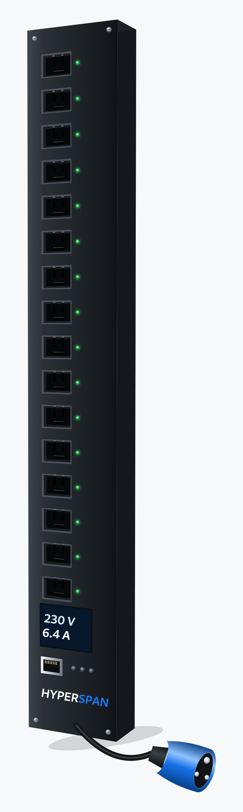 Power™ Intelligent vertical PDU, 16 × IEC C13 sockets, networked metering and switching, IEC 60309 16 A blue commando inlet 16 × C13