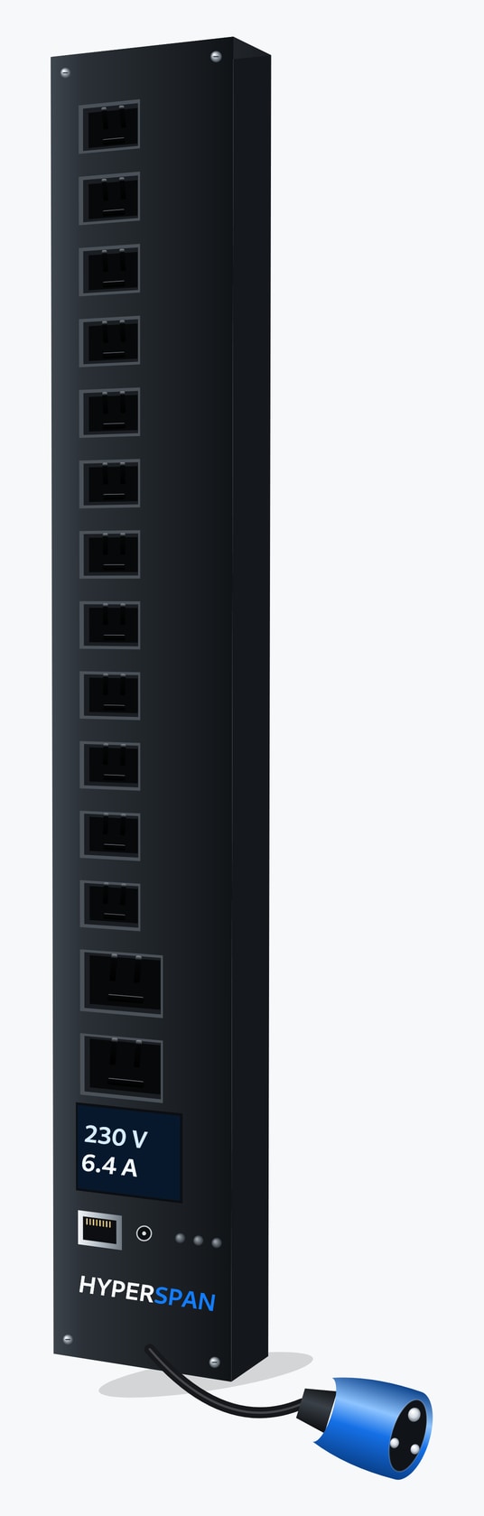Power™ Sense vertical PDU, 12 × IEC C13 and 2 × IEC C19 locking outlets, inlet display, IEC 60309 16 A blue commando, 3 m cord 12 × C13 + 2 × C19
