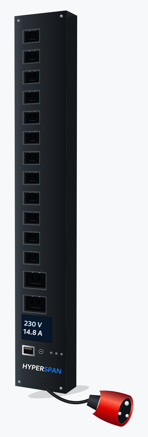 Power™ Sense vertical PDU, 12 × IEC C13 and 2 × IEC C19 locking outlets, inlet display, IEC 60309 32 A red commando, 3 m cord 12 × C13 + 2 × C19