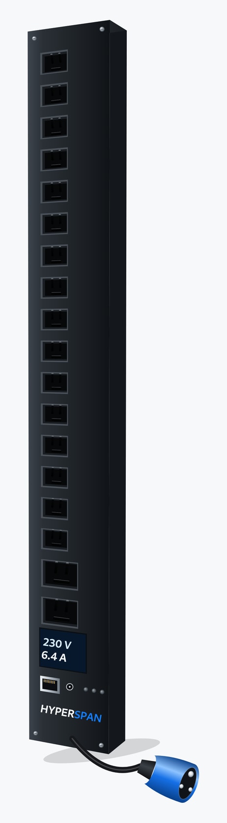 Power™ Sense vertical PDU, 16 × IEC C13 and 2 × IEC C19 locking outlets, inlet display, IEC 60309 16 A blue commando, 3 m cord 16 × C13 + 2 × C19