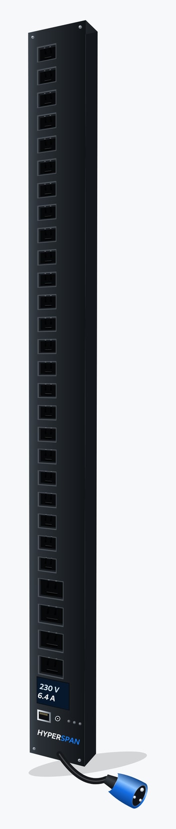 Power™ Sense vertical PDU, 24 × IEC C13 and 4 × IEC C19 locking outlets, inlet display, IEC 60309 16 A blue commando, 3 m cord 24 × C13 + 4 × C19