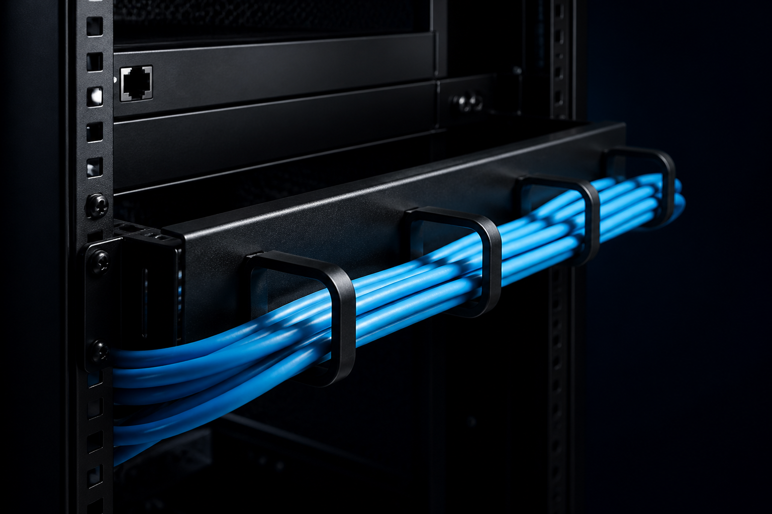 Hyperspan Manage™ horizontal cable manager with blue leads in a dark rack