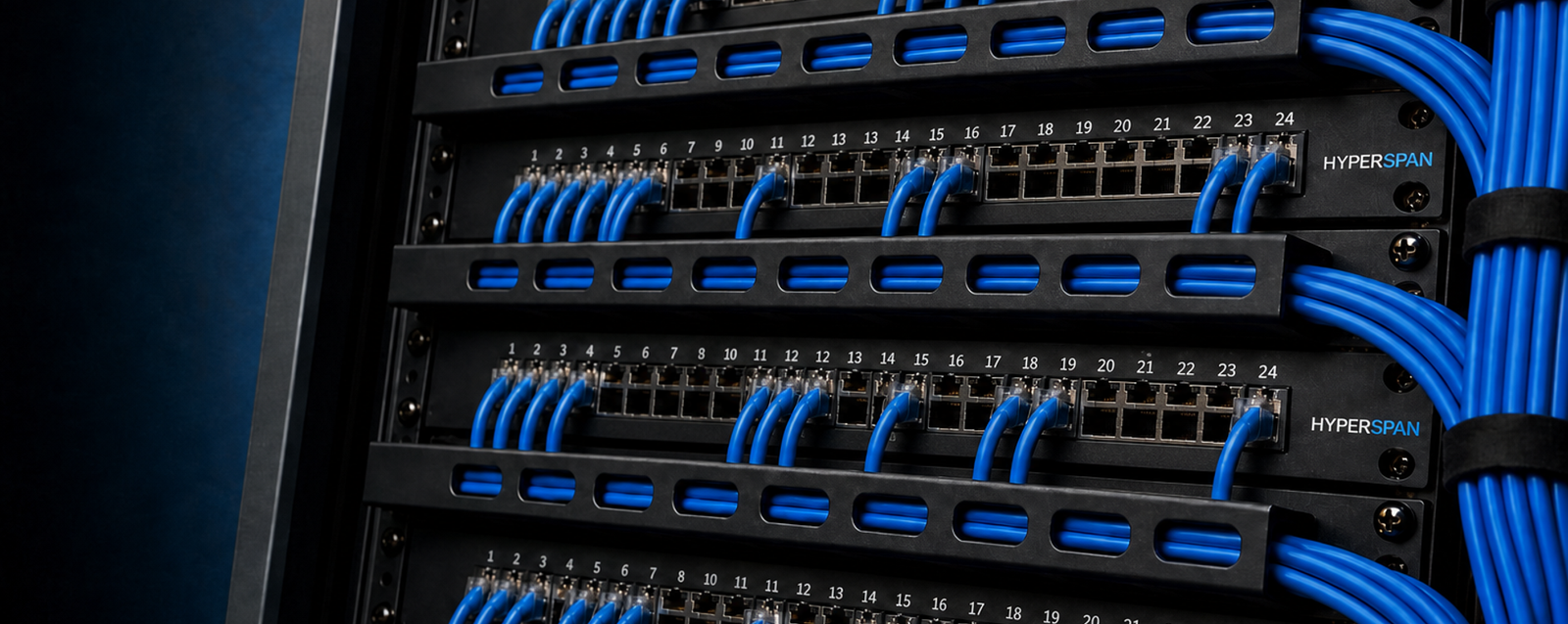 Hyperspan Rack™ patch panels patched with blue leads in a network cabinet