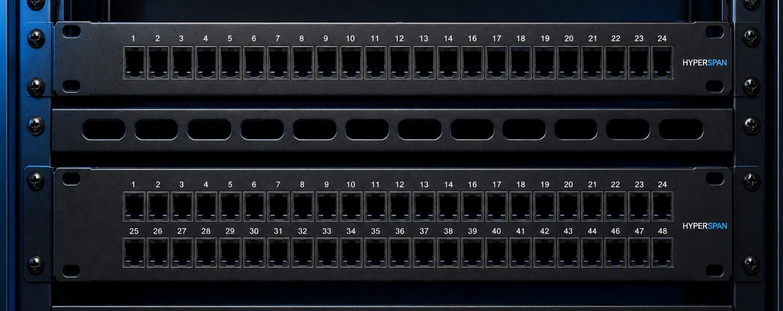 Hyperspan Rack™ unloaded keystone patch panels with empty apertures in a network cabinet