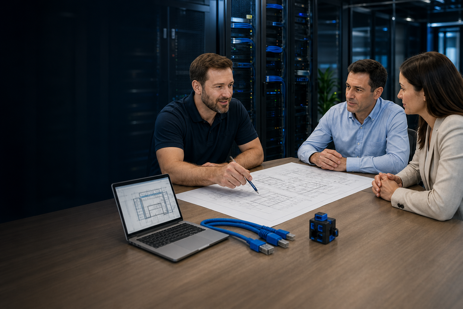 Hyperspan technical support team reviewing networking infrastructure