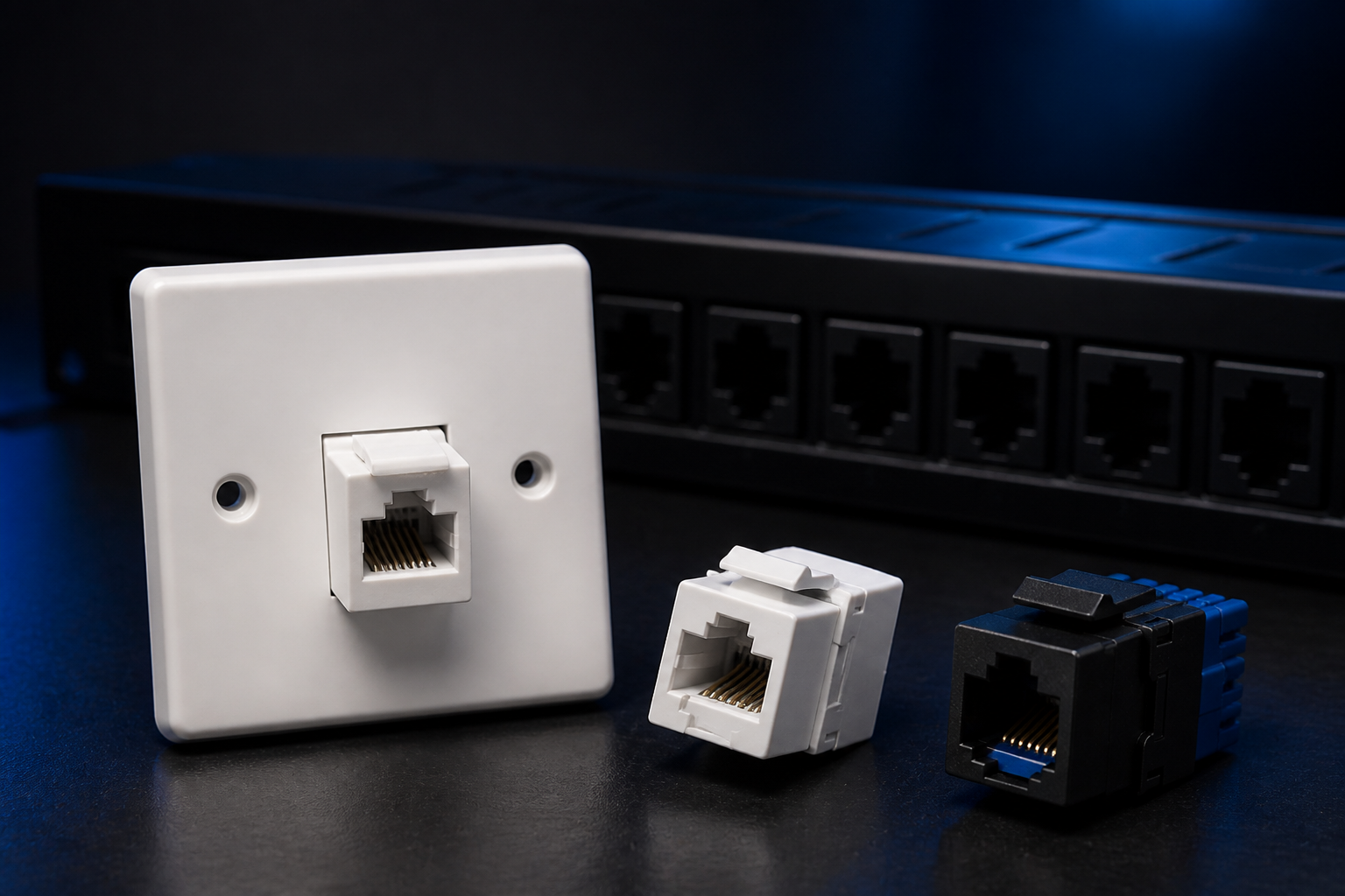 Hyperspan Terminate™ keystone jacks and white faceplate outlet with a Rack™ keystone panel behind