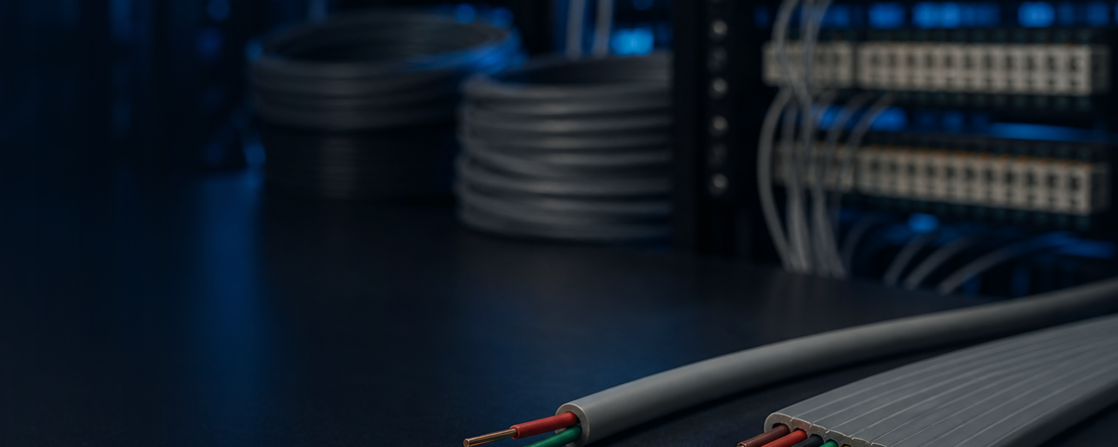 Hyperspan Voice flat and round telephone cable in a dark patch-room environment